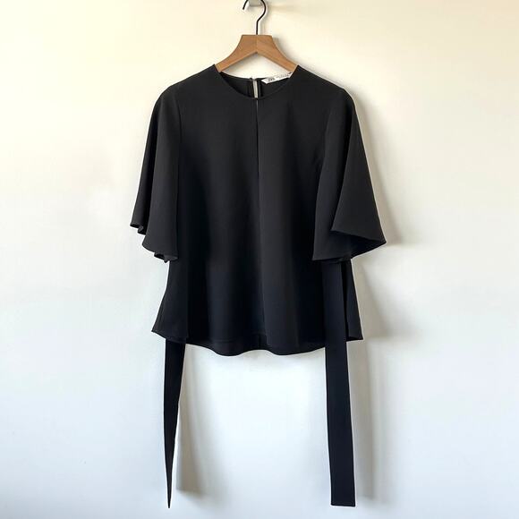 Zara Black Flowy Top Blouse Tie Bow Bell sleeves Size S - Picture 5 of 12